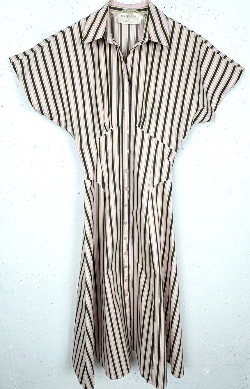 Anthropologie Exquise Raina Short Sleeve Midi Shirtdress Pink Stripe Size XS